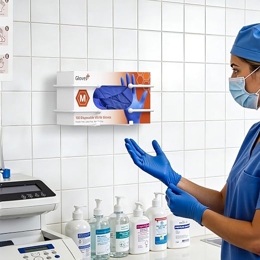 Adhesive Glove Box Holder Wall Mount, Metal Gloves Dispenser, White | For Latex & Nitrile Boxes, No-Drill Tissue & Wipes Organizer for Lab, Kitchen, Bathroom