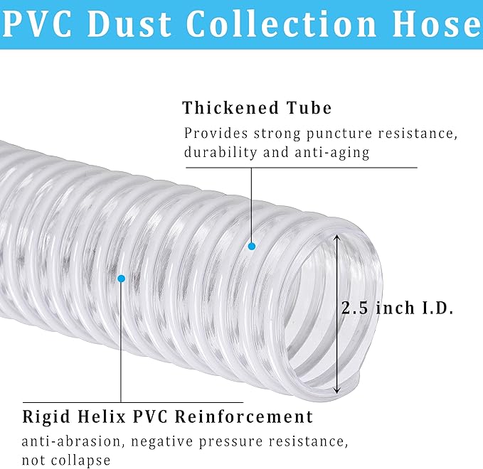Dust Collection Hose 2-1/2 in × 10 ft Heavy Duty Clear Flexible PVC Reinforced Thicken Helix Suction Discharge Corrugated Pipe Hose for Fume Dust Collector Fitting Wood Chip Saw (2.5 inch hose)