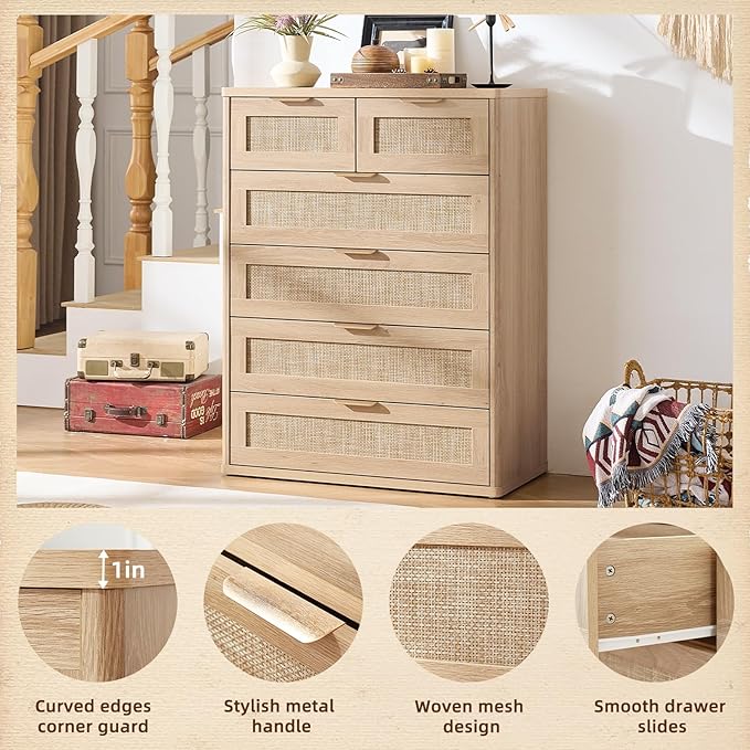 LEYAOYAO Rattan Dresser for Bedroom Set of 2, 42" Tall Chest of Drawers, Modern 6 Drawers Boho Dressers with Storage, Light Oak Dresser Wooden Closet Organizer for Living Room, Hallway, Natural Wood
