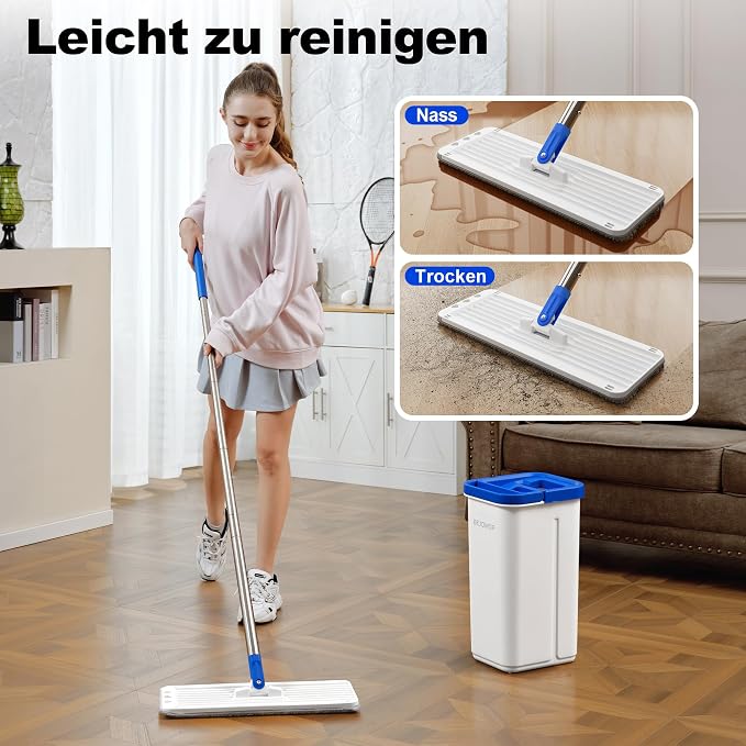 Mop and Bucket Set, Mops for Floor Cleaning with 60" Long Handle, Squeeze Flat Mop and Bucket System, Dry & Wet Dust Mop for Household Floor Cleaning with 5 Microfiber Mops, Slate Blue