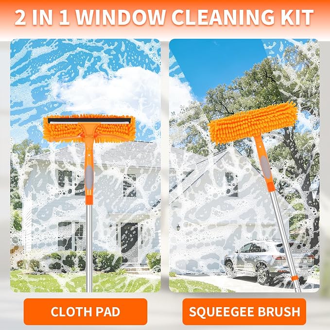 67" Squeegee Window Cleaner, 2 in 1 Professional Window Cleaning Tool Kit with Extension Pole, Window Washing Equipment with Rotatable Head for Indoor Outdoor Windows Car Glass