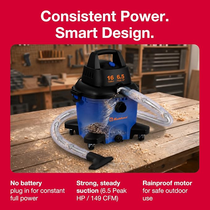 Koblenz WD-16 L4 Wet Dry Vacuum Cleaner, 16 Gallon Wet Dry Vac, 6.5 PHP | 3-in-1 Suction & Blower, CLICK-N-LOCK Hose, Drain Plug, Big Vacuum Cleaner for Carpet & Floors, Swivel Casters, Black/Blue