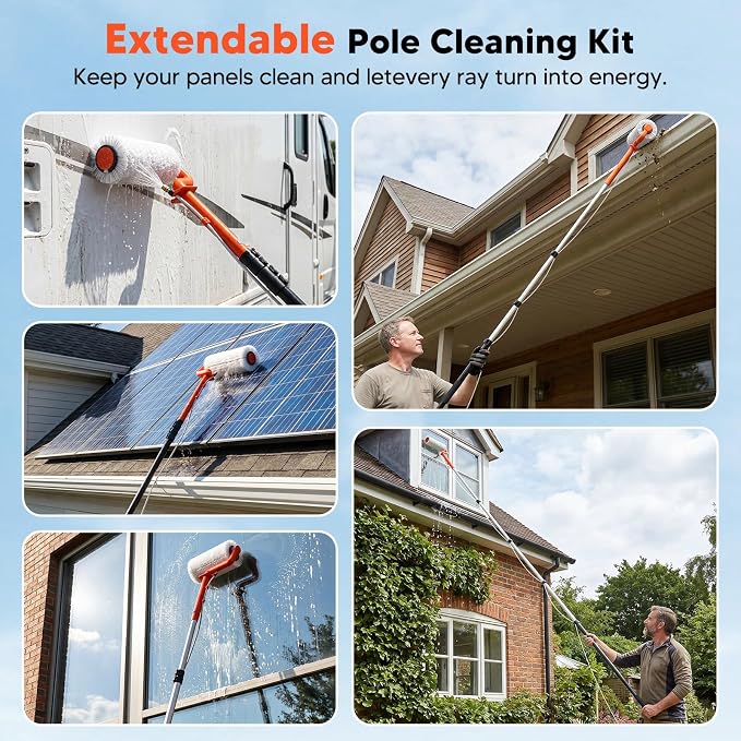 Electric Solar Panel Cleaning Kit, 20FT Telescoping Water Fed Brush | 2 spin speeds and up to 2 hours of runtime for solar panels, high windows, roofs, RVs, boats, and outdoor surfaces.