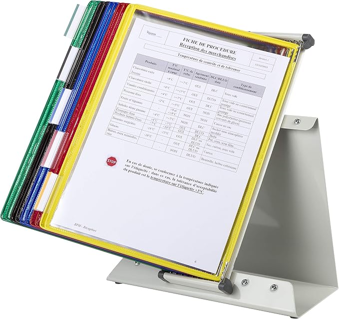 Tarifold Desktop Reference Display System, 10 Pockets, Assorted Colors | 10 double-sided PVC pockets hold 20 letter-size sheets, sturdy metal base, quick-find indexing, easy to assemble