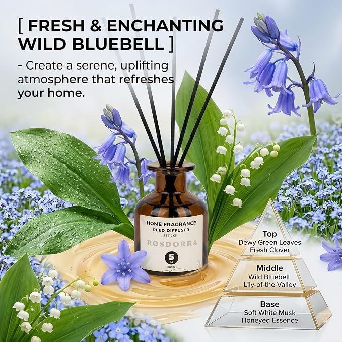 Reed Diffuser for Bathroom 5oz, Bluebell Floral Scent | Long Lasting Reed Diffuser Set, Home Fragrance with Fiber Sticks, Aesthetic Decor Housewarming Gift for Bedroom Office