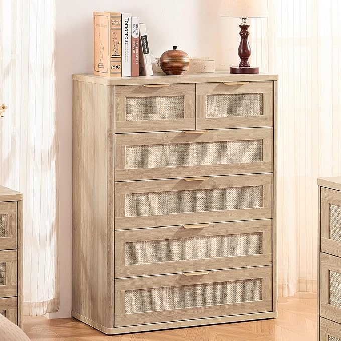 LEYAOYAO Rattan Dresser for Bedroom, 42" Tall Chest of Drawers, Modern 6 Drawers Boho Dressers with Storage, Light Oak Dresser Wooden Closet Organizer for Living Room, Hallway, Natural Wood