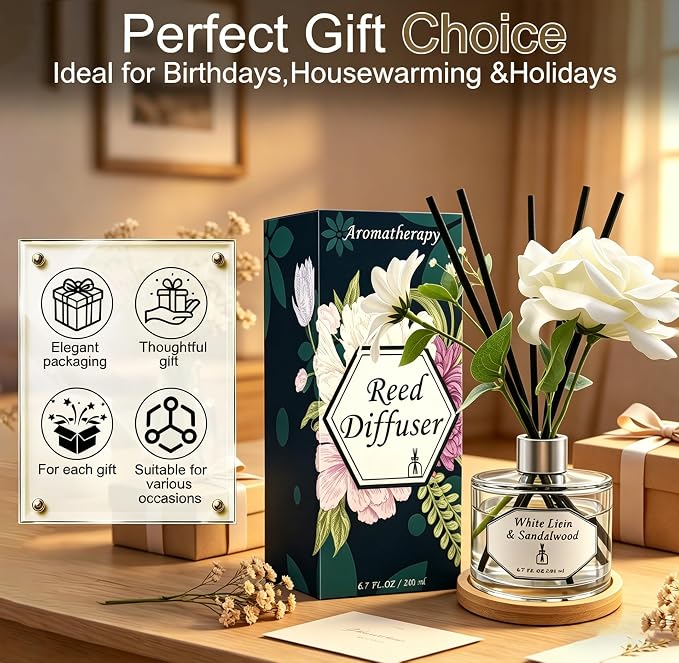 Reed Diffuser Set, White Linen & Sandalwood 6.7 fl oz Oil Scent Diffuser with Sticks, Home Fragrance Diffuser for Bathroom Bedroom Office Shelf Décor