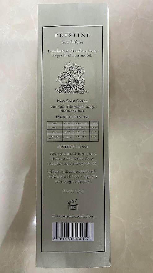PRISTINE Ivory Coast Cotton/Inspired by Hyatt Hotel Scent Reed Diffuser for Home | Fresh Clean Sheet/Light Chamomile Reed Diffusers, Oil & Room Diffusers with Reed | Home Fragrance Scent Diffuser
