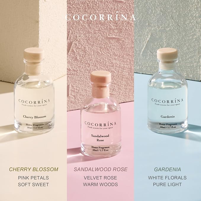Reed Diffuser Set of 3 with Dried Eucalyptus for Home & Office | Sandalwood Rose/Cherry Blossom/Gardenia Scents, Aromatherapy Scented Oil Diffusers, 1.7 oz Each, Total 5.1 oz