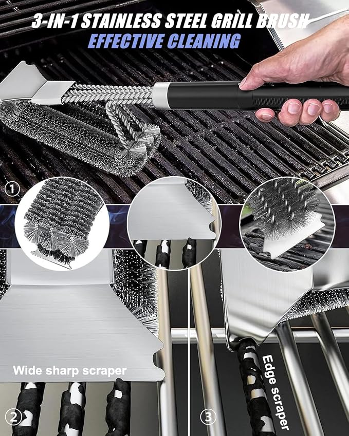 Grill Brush and Scraper, Adjustable Handle BBQ Grill Brush for Outdoor Grill，Extra Strong BBQ Cleaner Accessories for Gas/Charcoal Grilling Grates