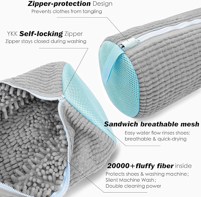 Shoe Washing Machine Bag,Laundry Shoe Bag for Washer and Dryer,Reusable Shoe Cleaning Bag for Sneakers,Tennis Shoes,With Self-locking Zipper, Microfiber Inside,Include Shoe Bag (Lite Grey - 1 Pack)