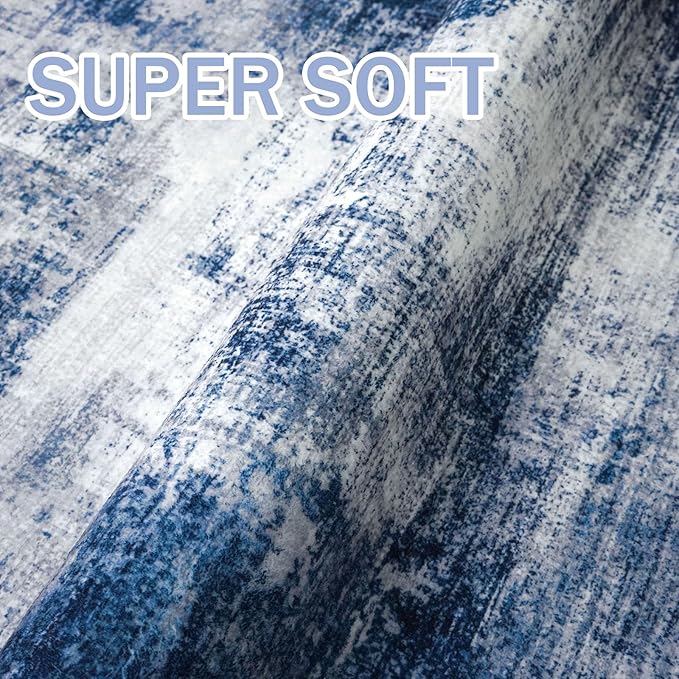IOHOUZE Abstract Area Rugs 9x12 Ft Washable Large Rugs for Living Room, Non Slip Dining Room Rug, Printed Faux Wool Rugs for Bedroom, Floor Carpet for Office Nursery Playroom, Navy/Grey