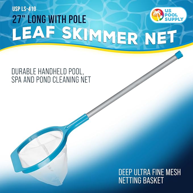 U.S. Pool Supply Spa, Hot Tub, Pool Hand Leaf Skimmer Net, 27" Long with Pole - Deep Ultra Fine Mesh Netting, Handheld Pool Cleaning Net, Clean The Finest Debris, Leaves, Ponds - Small Above Ground