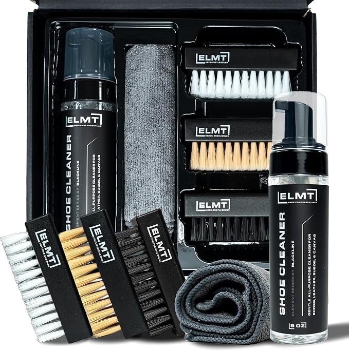 Blackline ELMT Shoe Cleaner Kit — Ideal Sneaker, Canvas, Mesh, Nubuck, Sheepskin, Leather, Suede Shoe Cleaner — US-Made, Safe, 10X Potent Shoe Cleaning Kit (8 oz Solution, 3 Brushes, Microfiber Towel)