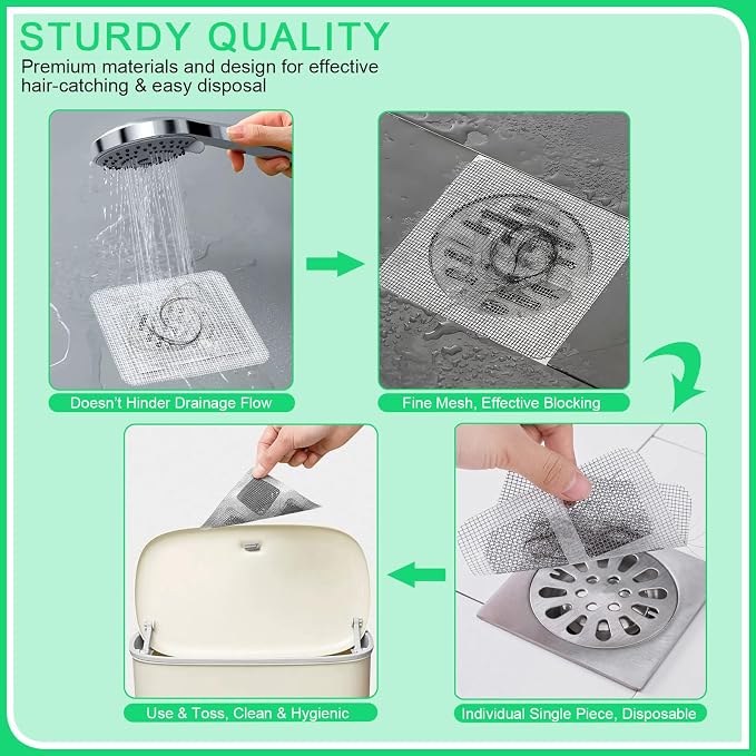 WMHXYY 60 Pack Disposable Shower Drain Hair Catcher Mesh Stickers, Square 3.93 Inches, Suitable for Drain Strainers in Bathrooms, Bathtubs, Kitchen Sinks, Washbasins.
