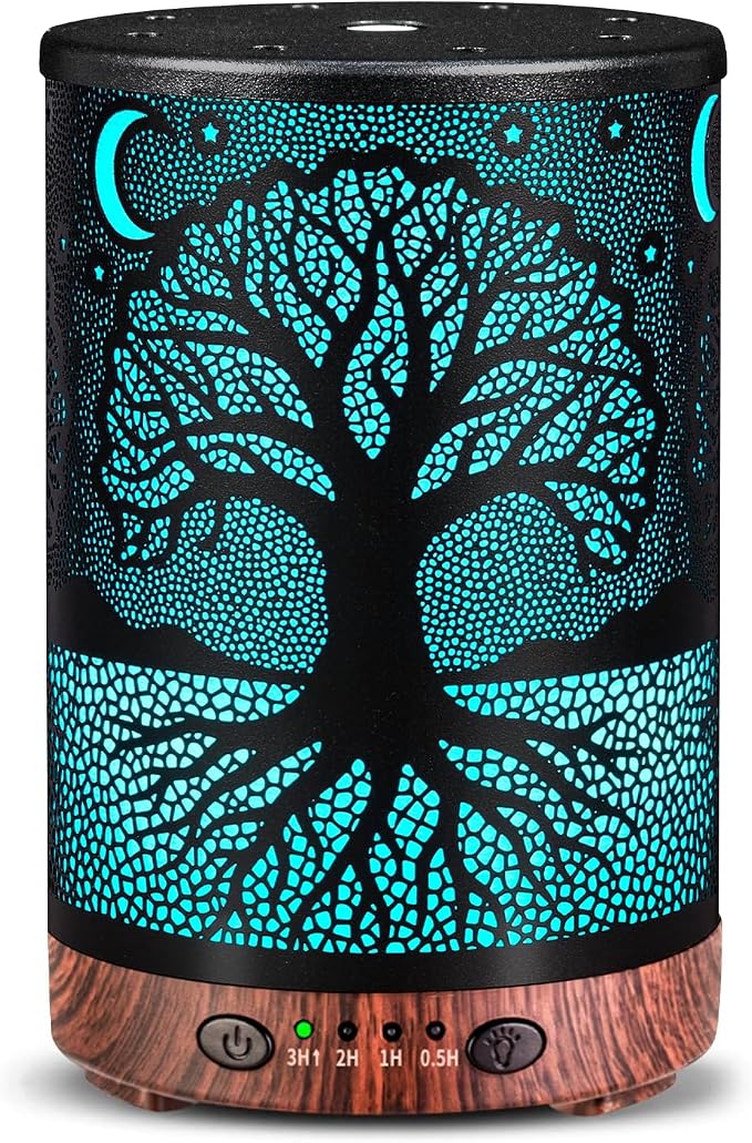 Essential Oil Diffuser, 120 ml Aromatherapy Diffuser with 7 Color Lights, Auto Shut-Off and 4 Timer Settings, Ultrasonic Cool Mist Diffuser for Home Room Office (Moonlit Tree)