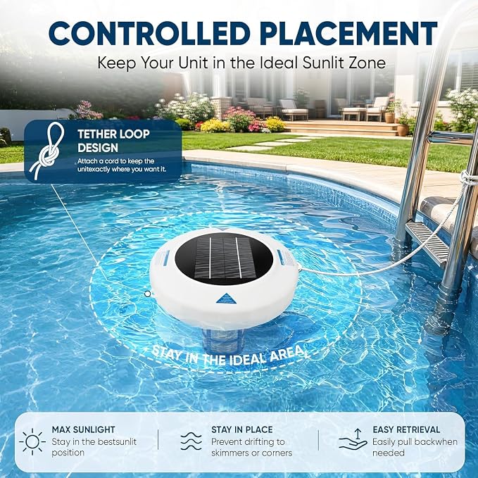 Upgraded Solar Powered Pool Water Care Device for Above Ground & Inground Pools Up to 45,000 Gallons, Floating Pool Maintenance System with Thick Copper Component, Easy Low Maintenance Pool Care