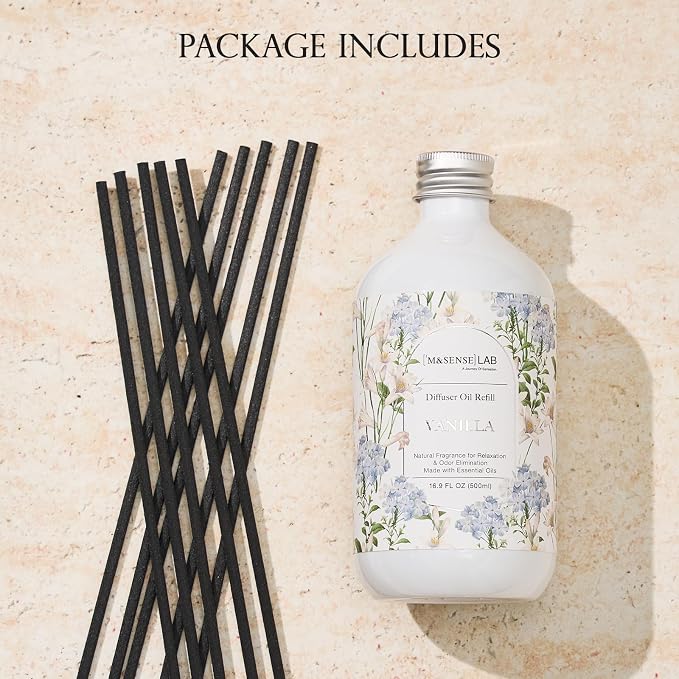 M&SENSE Reed Diffuser Set, Vanilla, 17oz Natural Essential Oil | Non-Toxic Organic, Long-Lasting Fragrance, Ideal for Living Room, Bedroom, Gifts for Women