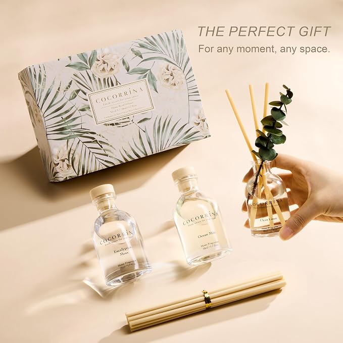 Reed Diffuser Set of 3 with Dried Eucalyptus for Home & Office | Eucalyptus & Moss/Clean Linen/Ocean Mist Scents,Aromatherapy Scented Oil Diffusers, 1.7 oz Each, Total 5.1 oz