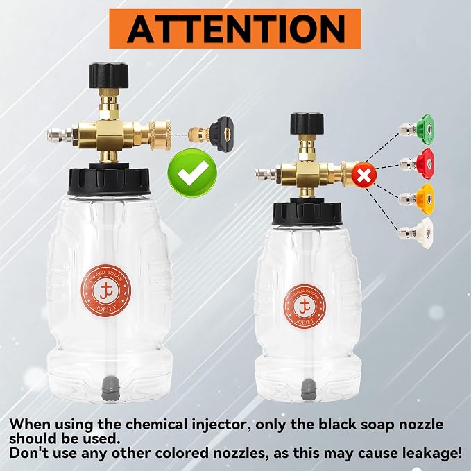 JOEJET Adjustable Chemical Injector for Pressure Washer with Bottle | Power Washer Soap Injector with 1/4 Inch Quick Connect, 3600 PSI, 1 Liter
