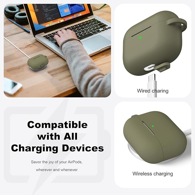 for AirPods Pro 2 Case, Soft Silicone Protective Cover with Keychain and Cleaning Pen, Compatible with AirPods Pro 2nd/1st Generation, Supports Wireless Charging, Olive Green