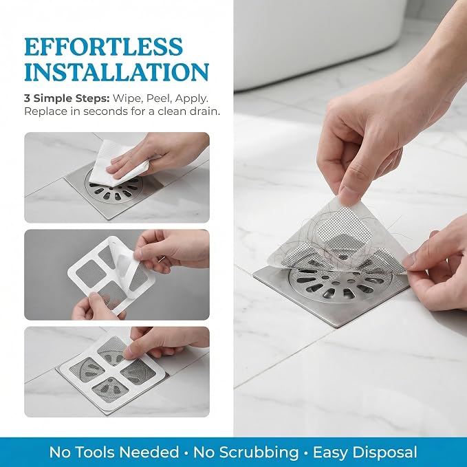 50 PCS Disposable Shower Drain Hair Catcher Stickers, Adhesive Mesh Trap | Self-Adhesive Mesh Traps Hair, Lint and Debris While Water Flows, Peel, Stick and Toss, for Flat Tub, Sink, Laundry Drains