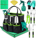 Heavy Duty Gardening Tools - Gardening Gifts for Women, Men, Mom, Dad - Durable, Ergonomic Garden Tools Set (Green with Potting Mat)
