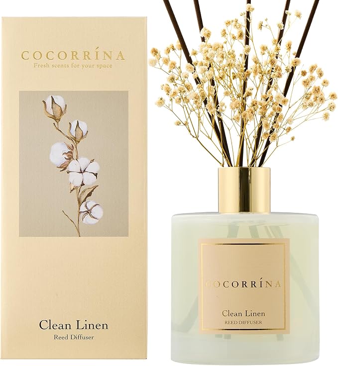 Reed Diffuser - Clean Linen 17 Fl.oz Reed Diffuser with 8 Sticks Scented Diffuser with Preserved Flowers for Bathroom Home Decor