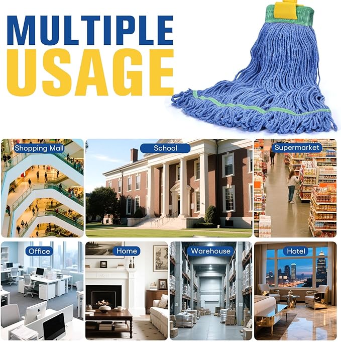 Matthew Cleaning Commercial Mop Head Replacement, 5 Inch Wide Headband, Looped End Cotton Blend String Wet Mops for Floor Cleaning, 18 oz Medium, 1-Pack Blue