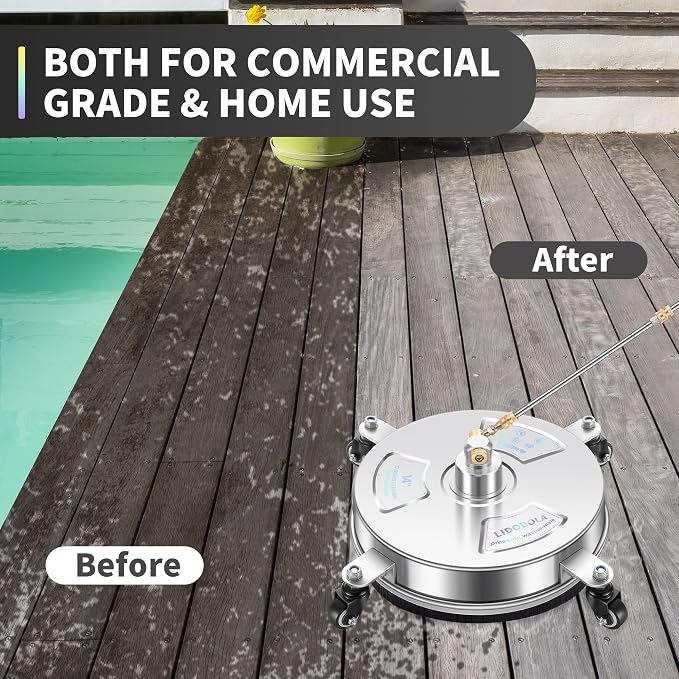 LidoDola 14'' Pressure Washer Surface Cleaner, Power Washer Accessory | Stainless Steel Housing with 4 Wheels, 1/4" QC, 2 Extension Wands & 2 Replacement Nozzles, for Gas & Electric Power Washer
