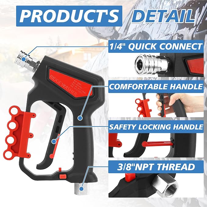 RIDGE WASHER Pressure Washer Gun 5000 PSI with Nozzle Bracket | 12 GPM, Tigger Gun with 1/4" Quick Connector, 360° Swivel 3/8" NPT Thread, M22-14mm & M22-15mm Fitting