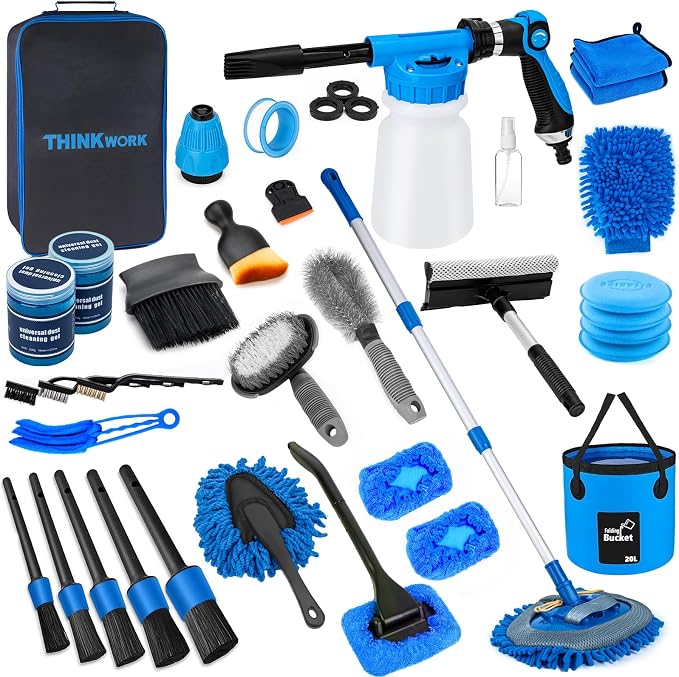 THINKWORK Car Wash Kit with Foam Gun, Complete Car Detailing Kit 40 PCS | Deep Efficient Interior & Exterior Cleaning, Extendable Mop & Bucket, Soft Microfiber Brushes Set, Tire & Wheel Brush, Gift