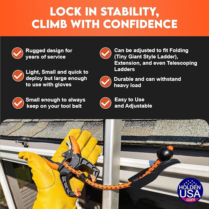 Holden USA - Ladder Clamp - Stabilizer Clip – Secure Safety Clamp for Roof, Gutters, and Wall Prep – Durable Support Cord for Roofing and Gutter Tasks (Orange Pair/2 units)