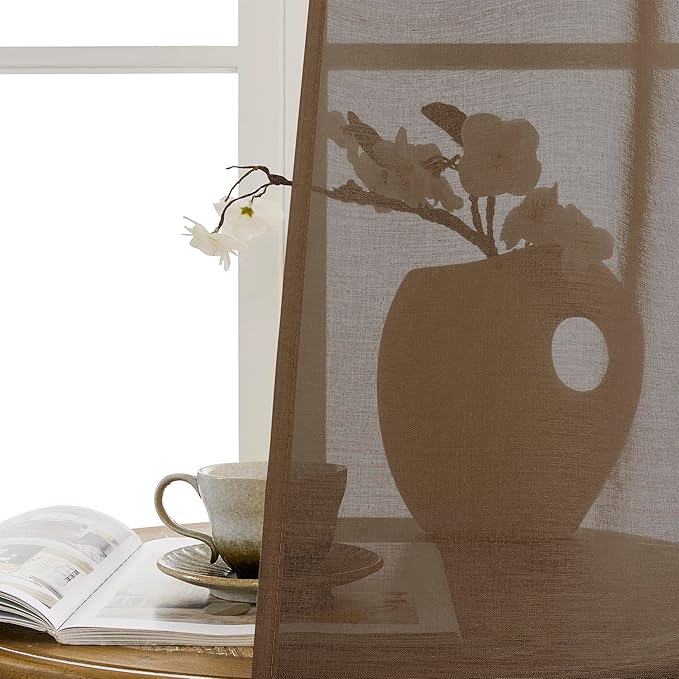 Tollpiz Small Sheer Door Curtain Closet Linen Textured Curtain Sheers Doorway Light Filtering Voile French Door Rod Pocket Curtains Patio Glass Door, 25 x 40 inches Long, Brown, Set of 1 Panel