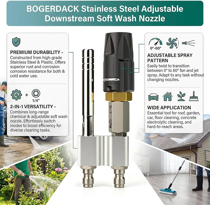 Stainless Steel 2-in-1 Downstream Soft Wash Nozzle, M5 Twist Shooter Tip with 1/4" Quick Connect, 0° to 60° Adjustable Spray Pattern for Pressure Washer 3-7 GPM – for Roofs, Siding, Vehicles
