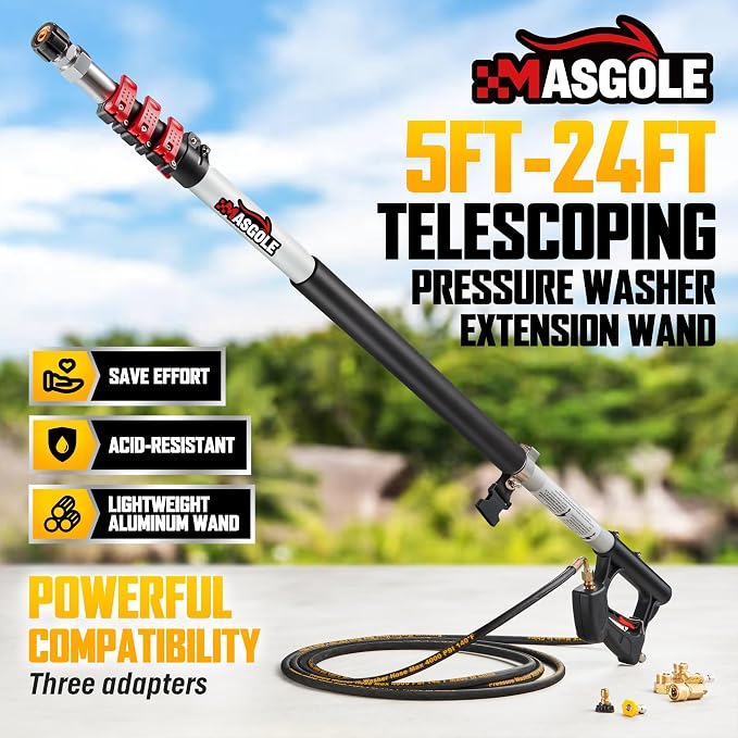 Pressure Washer Wand 24FT Telescoping with Pressure Washer Extension Wand, Gutter Cleaning Tools - Extension Pole, Brush Head, 7 Spray Nozzle Tips, Support Belt & Hose Adapters