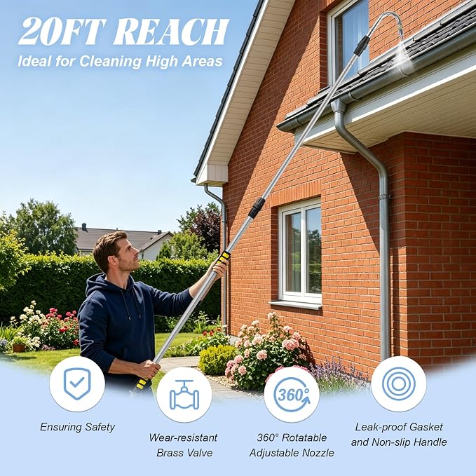 2-IN-1 20FT Reach Gutter Cleaning Tools, 12FT Telescoping Gutter Cleaning Tool with Bendable Wand & Curved Wand, 360° Rotating Nozzle, Adjustable Spray Patterns, Hose Attachment for Garden, Car Wash