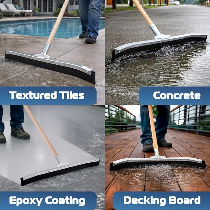 Curved Floor Squeegee 24’’, Rubber Blade Garage Squeegee, Taper Pole Connection - Handle Sold Separately for Tiles, Concrete and Asphalt