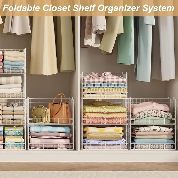 Huxitocan 6-Tier Stackable Closet Organizers and Storage Basket - Foldable Closet Shelf Organizer System, Sturdy Metal Space-Saving Clothes Storage Bins for Wardrobe, White(Patent Pending)