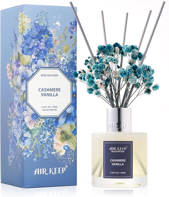 Reed Diffuser Set,3.38 fl oz (100 ml) - Cashmere Vanilla Oil Diffusers with 8 Reed Sticks, Home Fragrance Reed Diffuser for Bathroom Shelf Decor