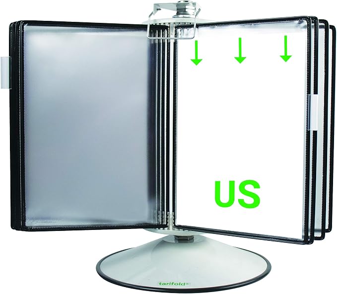 Tarifold Antimicrobial Rotary Desktop System, 50 Pockets, Black | 50 double-sided antimicrobial pockets hold 100 letter-size sheets, 360-degree steel rotary base, black frames