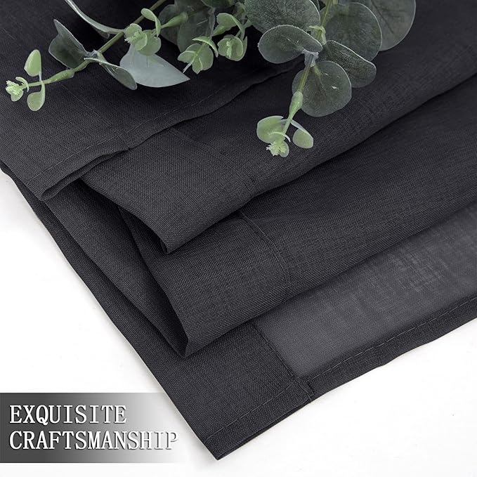 Tollpiz Sheer Tier Curtain Linen Textured Half Kitchen Curtains Sheer Light Filtering Rod Pocket Voile Small Curtains for Bathroom, 25 x 36 inches Long, Black, Set of 2 Panels