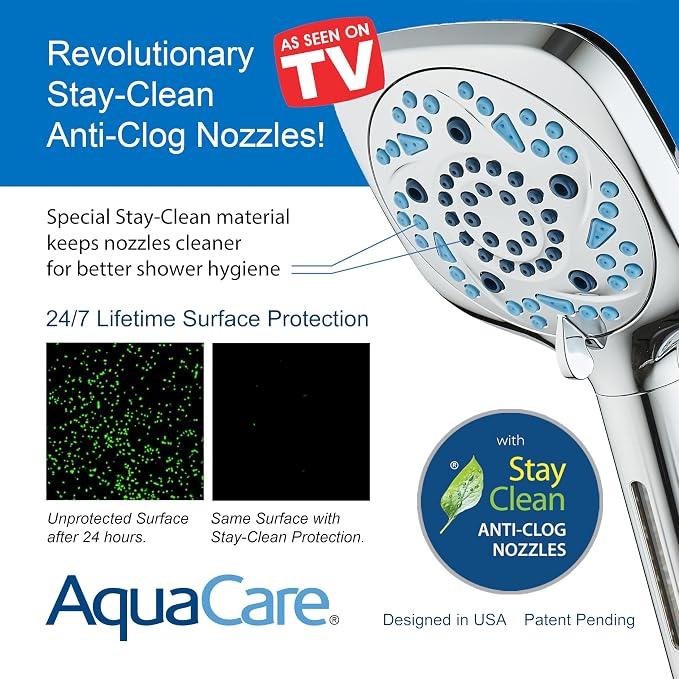AquaCare High Pressure 10 Spray Mode Filtered Showerhead - Handheld Shower Head Filters Chlorine to Heal Dry Skin, Revive Hair - Dual Power Wash Cleans Tub, Tile, Pets - Hard Water Softener, Chrome