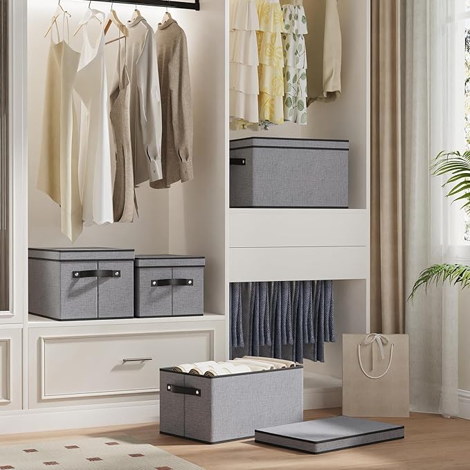 Clothing Storage Bins, Blanket Baskets for Shelves, Fabric Cubes with Handles and Lids, Decorative Linen Closet Organizers Boxes, Gray, 1 Pack, 16.5 x 11.8 x 10.2 Inch