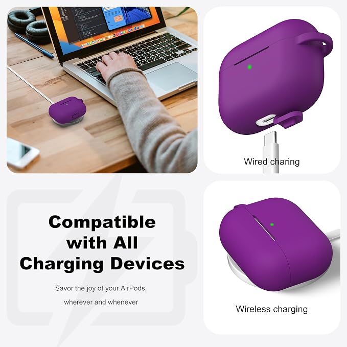 R-fun for AirPods Pro 2 Case, Soft Silicone Protective Cover with Keychain and Cleaning Pen, Compatible with AirPods Pro 2nd/1st Generation, Supports Wireless Charging, Violet