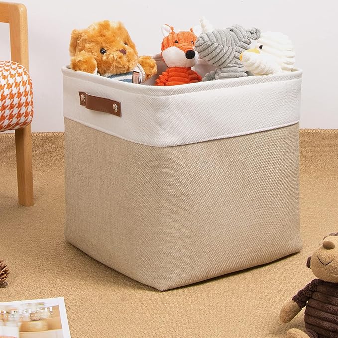 DULLEMELO Cube Storage Bin 13x13,Collapsible Fabric Storage Cube for Organizing,Cubby Storage Basket for Shelves,Closet,Laundry,Nursery,Toys,Clothes (White&Khaki)