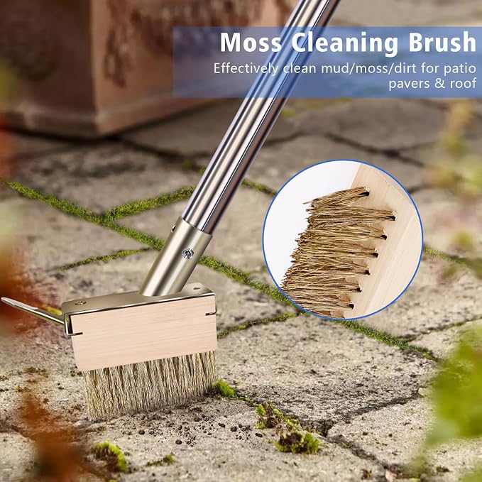 Moss Remover Brush Tool with 65in Handle for Concrete Pavers Crevice | 2 Pcs Wire Grout Brush Head, Detachable Long Handle, Crack Weeder Puller for Outdoor Deck Patios Walkways Roof Moss Removal