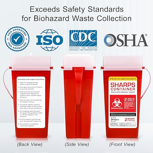 Sharps Container Large - Sharps Containers for Home Use and Labs - Portable Needle Disposal and Travel Size Biohazard Bin - 2 Quart (Pack of 5)