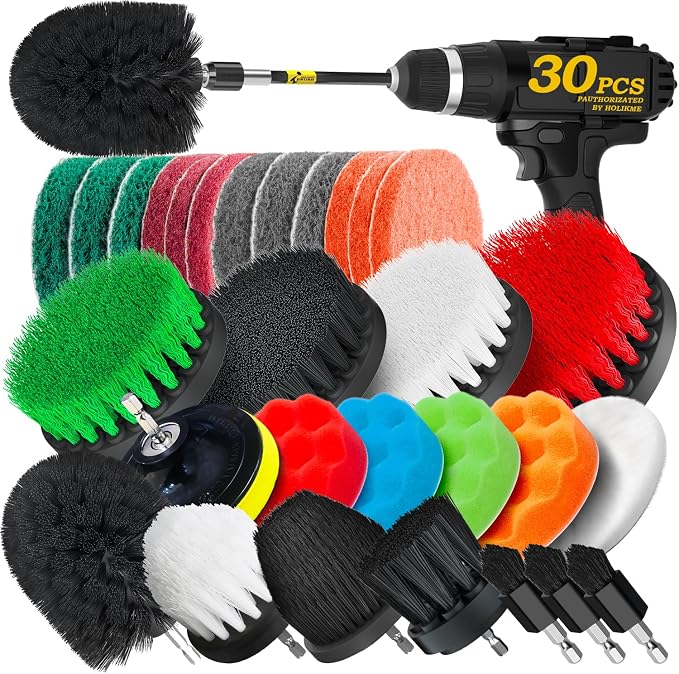 Holikme 30Piece Drill Brush Attachment Set - Power Scrubber Cleaning Kit | Buffing Sponges, Nylon Grout Tools, Tile Bathtub Shower Floors Kitchen Car Interior Detailing, Cleaning Supplies, Black