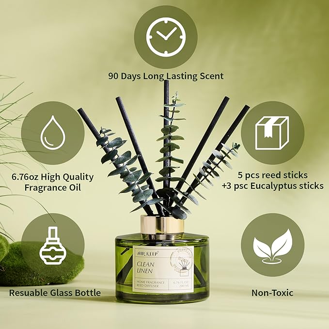 Reed Diffuser Set with 6.76 fl oz Clean Linen Scent Essential Oils and 3 Leaves & 8 Diffuser Sticks,Bathroom Shelf Decor & Air Freshener, House Bedroom Office Decor & Gifts